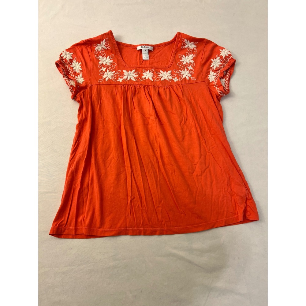 Style & Co Orange Floral Embroidered Square Neck Peasant Top Small Short Sleeve